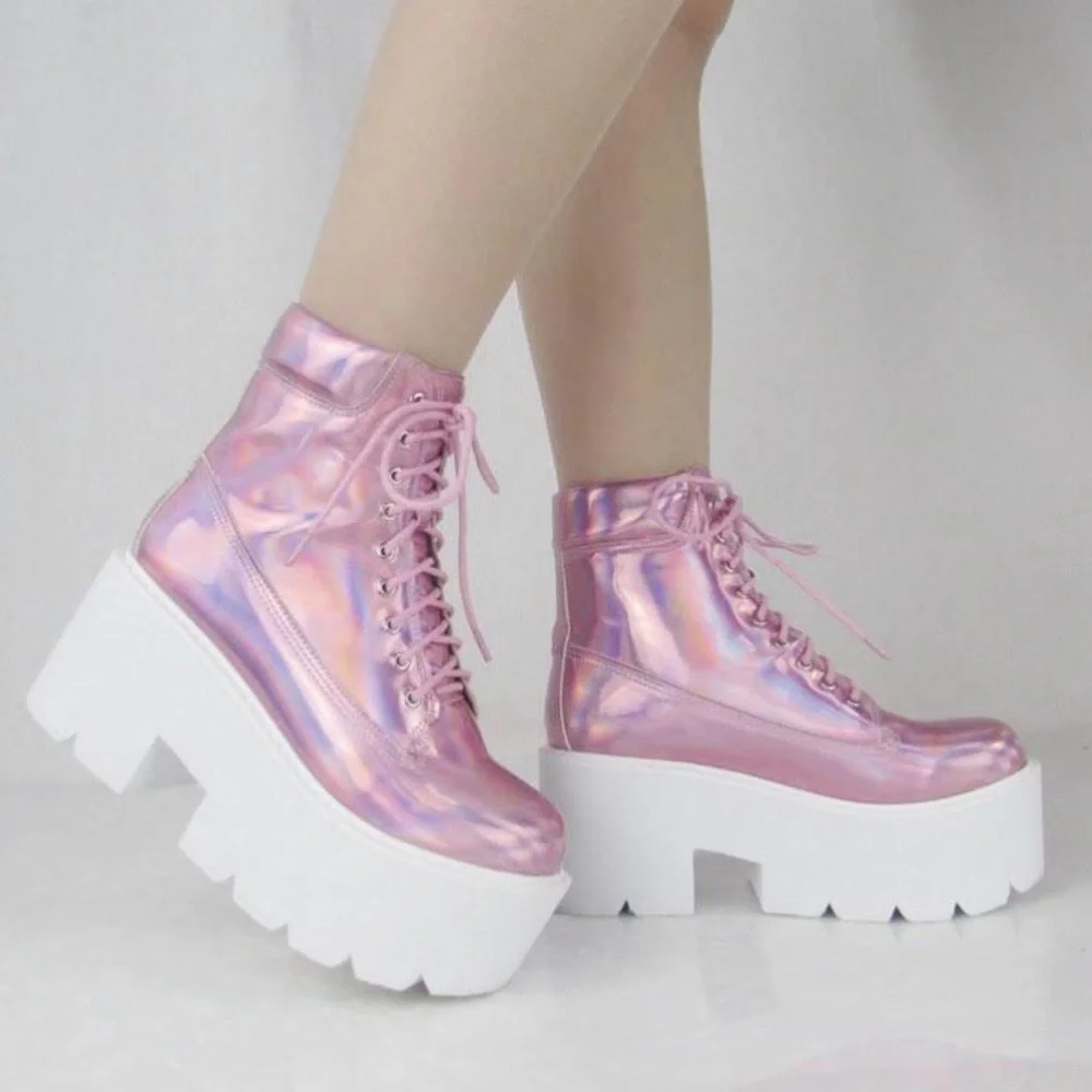 Kokopie Pink Alien Hologram Platform boots, rave, pastel goth, edm, festival